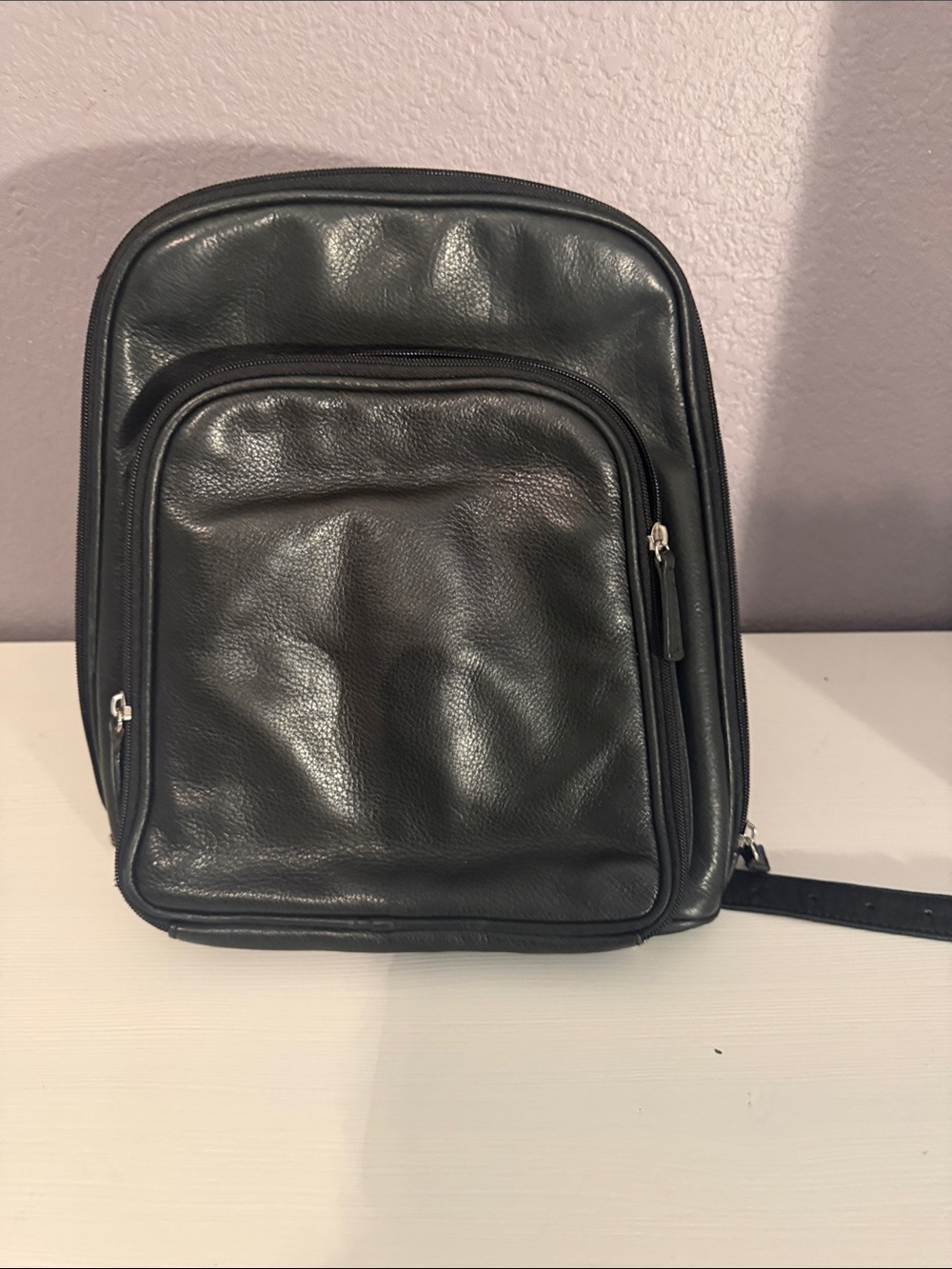 Black Leather Osgoode Marley backpack with Front Zip Pocket